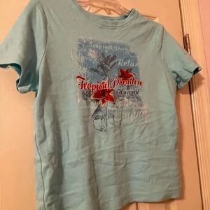 Blue T-shirt with tropical design-size large